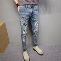 Spring Summer Spring Fit Jeans Mens Korean Trend Versatile Europe Station Fashion Personalized Print Shorts