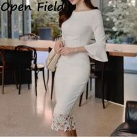 Field Women Trendy Flared Sleeves Dress Round Neck Mid-Length Bodycon Dress Three-Quarter Sleeves Solid Color Lace Dress