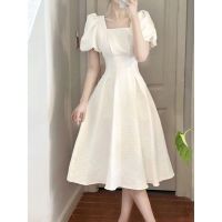 COD DSFGRDGHHHHH Summer White Square-Cut Collar Puff Sleeve Dress Womens Waist-Slimming Dress French Slimming High-Grade High Waist Temperament Dress