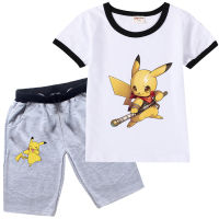 Pikachu การ์ตูนน่ารักแขนสั้นผ้าฝ้ายเด็กเสื้อผ้าเด็กฤดูร้อนกางเกงขาสั้นเสื้อยืดสาวแขนสั้นท็อปส์ชุดเด็ก