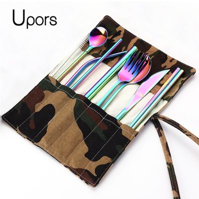 UPORS 9Pcs/Set Travel Cutlery Portable Stainless Steel Cutlery Set Reusable Fork Spoon Knife Set Metal Straw with Case Flatware Sets