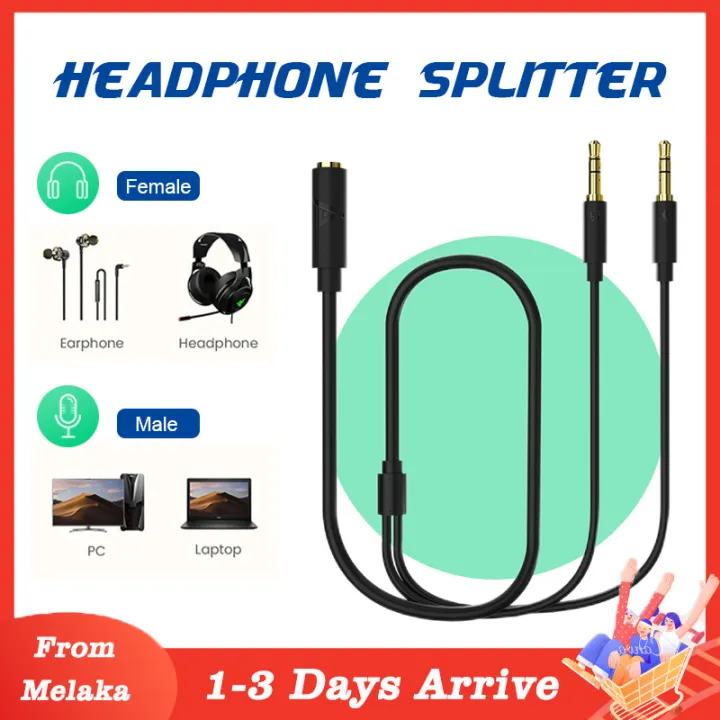Headphone Splitter 3.5mm Female Standard to 2 Dual 3.5mm Male Audio Mic