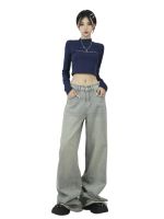 Hot sell Y2K Retro Denim Trousers Womens Autumn Winter High Street Wide Leg Pants with Raw Edge Loose Casual Jeans Solid Baggy Jeans Lady