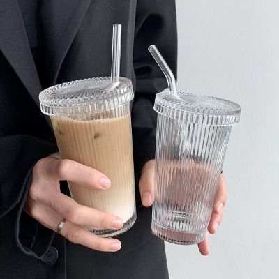 ↂ 375ML Striped Glass with Lid Straw Cup Transparent Milk Coffee Drink Cup Retro Beer Can Mocha Cups Breakfast Mug