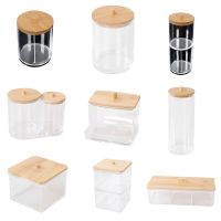 OOTDTY Makeup Cotton Pads Swab Storage Bin Case Cosmetics Organizer Box with Bamboo Cover for Women Makeup Holder Supplies