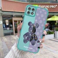 JIUMOO เคสสำหรับ Samsung Galaxy A22 5G,เคสโทรศัพท์แฟชั่นลายการ์ตูนหมีกลไกบางกันกระแทกเคสซิลิโคนแบบเต็มขอบเคสคลุมด้านหลังแบบซิลิโคนเคสป้องกันกล้องตานางฟ้า