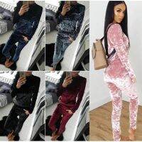 COD DSFGERRTYTRRE Women Fashion 2PCS Crushed Velvet Tracksuit Casual Hoodies Sweatshirt Pants Sets Sport Slim Suits