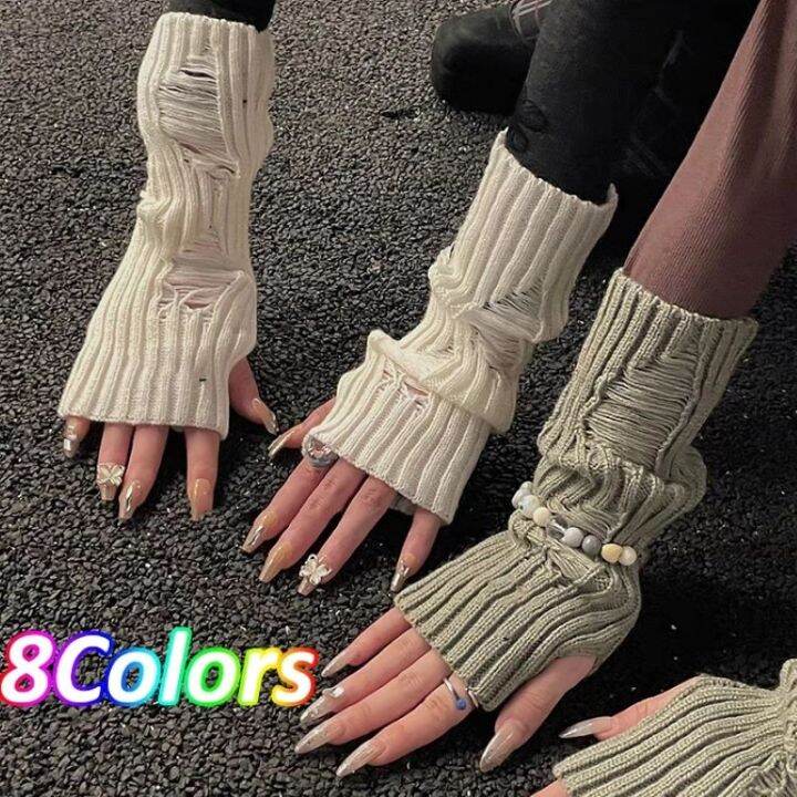 Y2K Gothic Black White Tattered Fingerless Gloves Punk Knitted Ripped Oversleeves Trendy Solid
