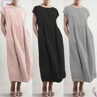 BULITE ผู้หญิง สุภาพสตรี แขนสั้น Plus Size ผ้าฝ้ายลินิน Sundress ชุด Midi ลำลอง เดรสยาว