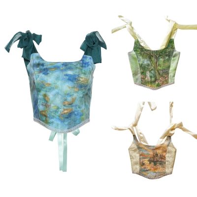 ❏ Tie Up Corset Crop Top Backless Bustier Camisole Painting Boned