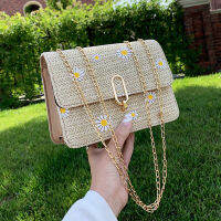 【CW】Floral Embroidery Straw Bag For Women Summer Shoulder Messenger Bag Chains Decors Flap Crossbody Bag Travel Beach Bag Sac