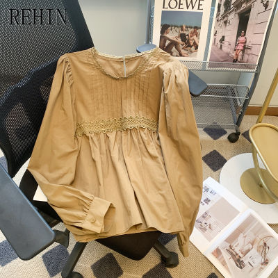 REHIN แขนยาวเสื้อสวมหัวลายติดปะลูกไม้อัดพลีทสไตล์ฝรั่งเศสใหม่สำหรับผู้หญิง,สำหรับฤดูใบไม้ร่วง2023เสื้ออเนกประสงค์