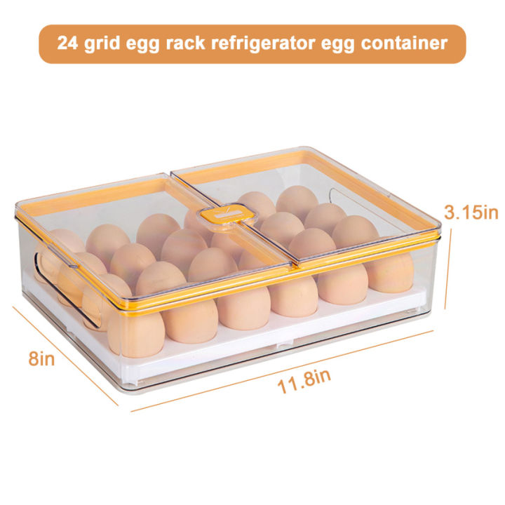 ชั้นวางไข่24ช่อง-ถาดใส่ไข่พลาสติกวางซ้อนกันได้สำหรับเก็บไข่ตู้เย็นพร้อมฝาปิดกันฝุ่นและด้ามจับเหมาะสำหรับช่องเก็บของแช่แข็งตั้งแคมป์-สีเทา