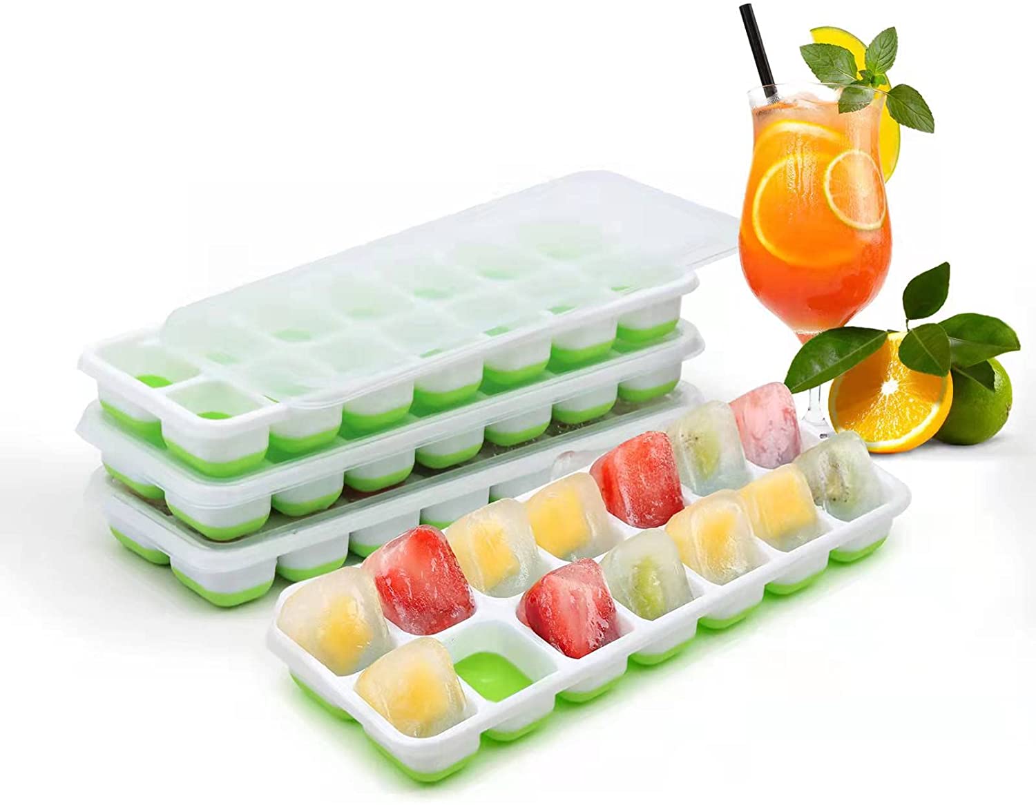 1 Pack Blue Ice Cube Molds Tray with Spill Resistant Removable Transparent Lid for DIY Babies Food,Cocktail,Beer,Fruit Juice and Lemon Juice,Chocolate Recyclable 12 Silicone Tiny Ice Cubic Trays 