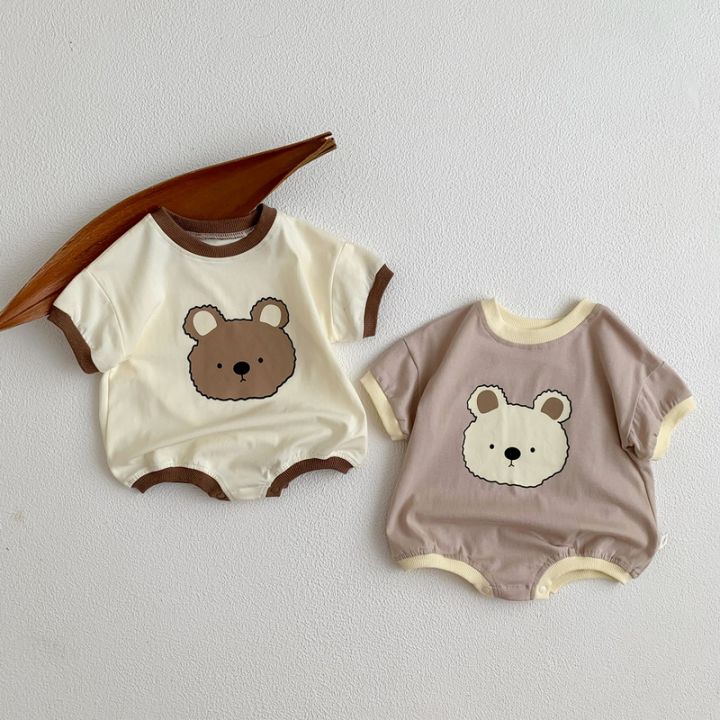 ฤดูร้อนใหม่เด็กทารกบอดี้สูท-beige-สีกากีการ์ตูนหมีรอบคอแขนสั้น-o-neck-jumpsuit-ทารกแรกเกิดเสื้อผ้า-e03202