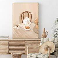 Neutral Minimal Nordic Wall Art - Beige Cat With A Croissant Canvas Painting-ภาพแมวสีขาวน่ารักสำหรับตกแต่งห้องครัว