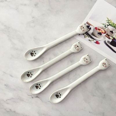 Ceramic Hand-painted Cartoon Cat Dessert Spoon Kitchen Korean Creative Handmade Cat Claw Small Soup Spoon Children Tableware Serving Utensils