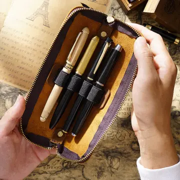 Leather Pencil Case Zipper Retro Pen Pouch For School Students Cowhide Men  Pencil Bag with Pen Slots Wholesale Unisex