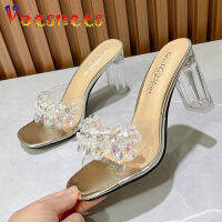 Rhinestone ผู้หญิงรองเท้าแตะฤดูร้อนเซ็กซี่ PVC เลื่อมคริสตัล Lady Sandal แฟชั่นโปร่งใส Basic Square Toe หญิงรองเท้าส้นสูง Shoes