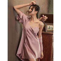 Womens Bathrobe Set Solid Silk Summer Backless 2 Pcs Ladies Robe And Nightdress Satin Slip Dress Half Sleeve Nightwear Female