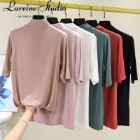 LAREINE เสื้อยืดผู้หญิงแขนห้าส่วน,M-5XL เสื้อฐานคอครึ่งตัวแขนยาวปานกลางมาใหม่