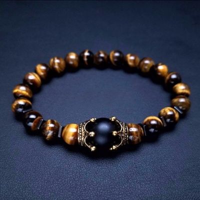 Natural Stone Bead Bracelets for Men Fashion Luxury Antique Crown Mate Beads Tiger Eye Stone Handmade Beaded Bracelets Jewelry