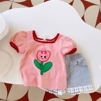 COD 2022 summer new Korean style womens childrens baby girls large flower printed cotton short-sleeved T-shirt