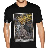 Black The Tower Tarot Card Halloween Tree Of Life Goth Witch Shirts For Men Oversized Ultra Cotton Black Hiphop Print T Shirt