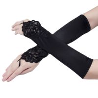 ✸♘✕ Stain Flapper Gloves Black Beaded Fingerless Elbow Length Evening Opera Party Gloves Tulle Ladies Sheer