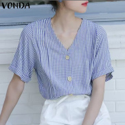 VONDA Womens Casual V-Neck Shirts OL Check Plaid Short Sleeve Puff Sleeves