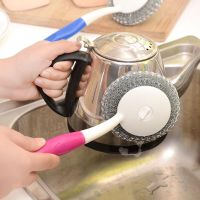 a long handle stainless steel wool brush kitchen hanging strong decontamination cleaning brush to wash the dishes 1pcs Sponges Scourers Cloths