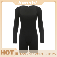 hanshi [2023 new HOT FASHION] lazlook จั๊มสูทกีฬาลำลองแขนยาวสีดำสำหรับผู้หญิงคอกลมเข้ารูปผ้ายืดเข้ารูป