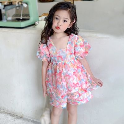 Yesbaby ชุดเสื้อผ้าเด็กผู้หญิง ฤดูร้อน แขนพัฟ เกาหลี ลําลอง พิมพ์ลายดอกไม้ เสื้อ + กางเกงขาสั้น