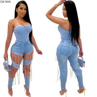 CM.YAYA Summer Denim Pants Women Retro Solid Sexy Hole Jeans Ripped Chain Tassel Trousers Street Skinny High Waist Lady Pants