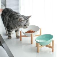 TECHOME Newest Design Food Bowl Ceramic Cat Bowl With Wood Frame Bowl With Cross Frame Bevel Cat Bowl Ceramic Bowl