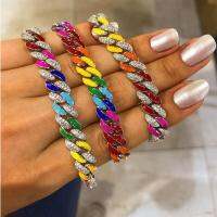 Summer hot selling colorful jewelry Neon rainbow enamel Ice out cz 11mm Miami cuban link chain women celet