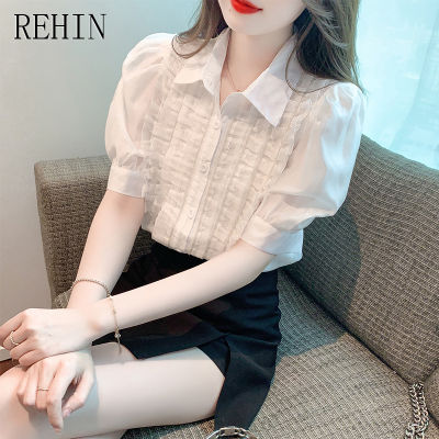 REHIN เสื้อเบลาส์สำหรับผู้หญิง,เสื้อเบลาส์แขนสั้นมีสไตล์ดีไซน์อุตสาหกรรมหนักโซ่เพชรพลอยเทียมฤดูร้อน