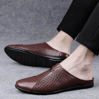 Luxury Quality Half Shoes for Men Leisure Breathable Genuine Leather Mens Shoes Summer Slippers Men Loafers Slip-on Flip Flops