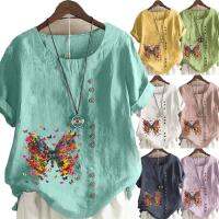 【HOT】✽✼✔ Print Loose T-shirts Cotton and O-Neck Size Short Sleeve Blouse S-5XL