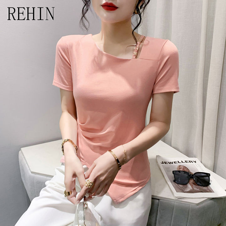 rehin-เสื้อยืดแขนสั้นสำหรับผู้หญิง-ใหม่เสื้อยืดแขนสั้นเสื้ออเนกประสงค์เข้ารูปแยกแนวยุโรปดีไซน์แฟชั่นฤดูร้อน