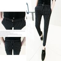 COD SDFGERTERT seluar slack lelaki Business korean Casual Pant seluar slack lelaki slimfit Summer social guys Korean version of the slim pins 9 points 8 pants mens casual black stripes tights