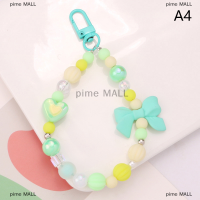 pime MALL พวงกุญแจลูกปัดรูปโบว์ที่มีสีสันสดใสประดับด้วยลูกปัดรูปหัวใจสีสดใสอุปกรณ์เสริมเคสหูฟังกระเป๋าตกแต่งอย่างมีเสน่ห์