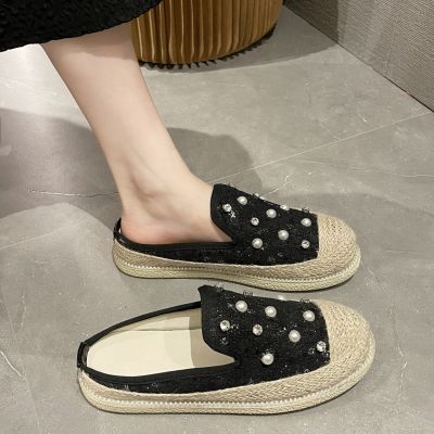 Baotou half slippers female new summer 2023 han edition leisure wear slippers pearl diamond thick bottom fishermen