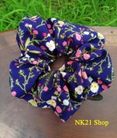 NK21 โดนัทรัดผม หนังยางรัดผม สีกรมลายดอกไม้ Scrunchies, ฺNavy blue color ,Scrunchy,Hair accessories,Elastic hair tie