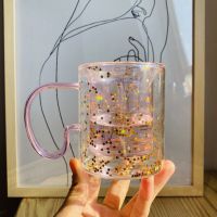 Korean ins Girl Heart Kawaii Bubble Star Sky Cup Star Sequin Double Wall Glass Coffee Cup Handle Heat Resistant Milk Cup