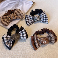 French Houndstooth Bow Rhinestone Hair Band Womens High-Grade Hair Rope Ponytail Head Rope Xiaoxiangfeng Vintage Hair Accessories