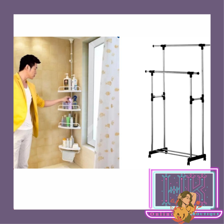 HK Adjustable Bathroom Corner Pole Caddy DoublePole Clothes RackShower