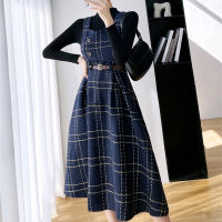 2021 New Autumn Winter Woman Sets Two Pieces Dresses With Belt Woolen Checkered Vintage Fashionable Lady Suits