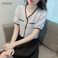 AMMIN ฉบับภาษาเกาหลีของผู้หญิงลมมีกลิ่นหอมเล็กๆคอวีแขนสั้น,เสื้อชีฟองแฟชั่นใหม่สำหรับฤดูร้อน