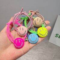 【CW】 2023 Korean Fluorescent Color Smiling Face Inlay Rhinestone Elastic Hair Band Round Ponytail Ties Rope